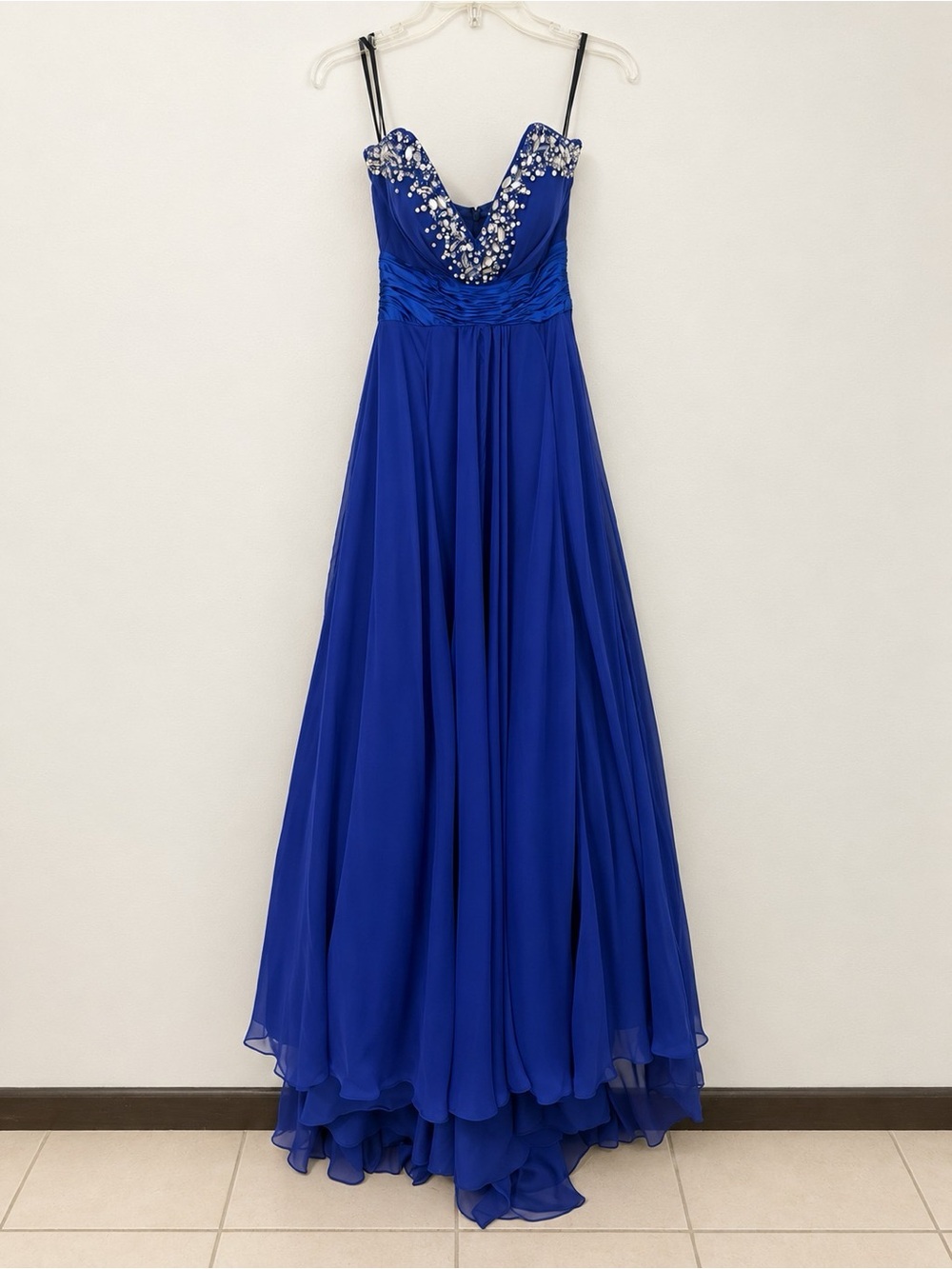 Royal Blue Embellished Spaghetti-Strap Evening Gown